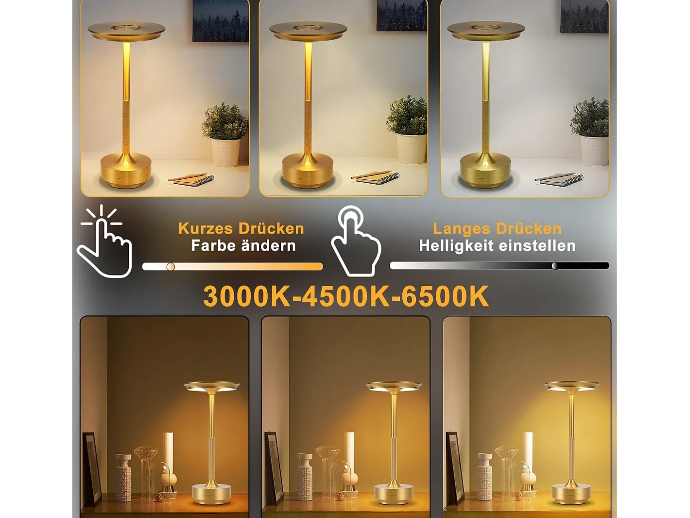 New NETTLIFE Lámpara de noche, lámpara de mesa inalámbrica, batería - Lámpara de mesa LED táctil regulable con batería recargable por USB Dorado