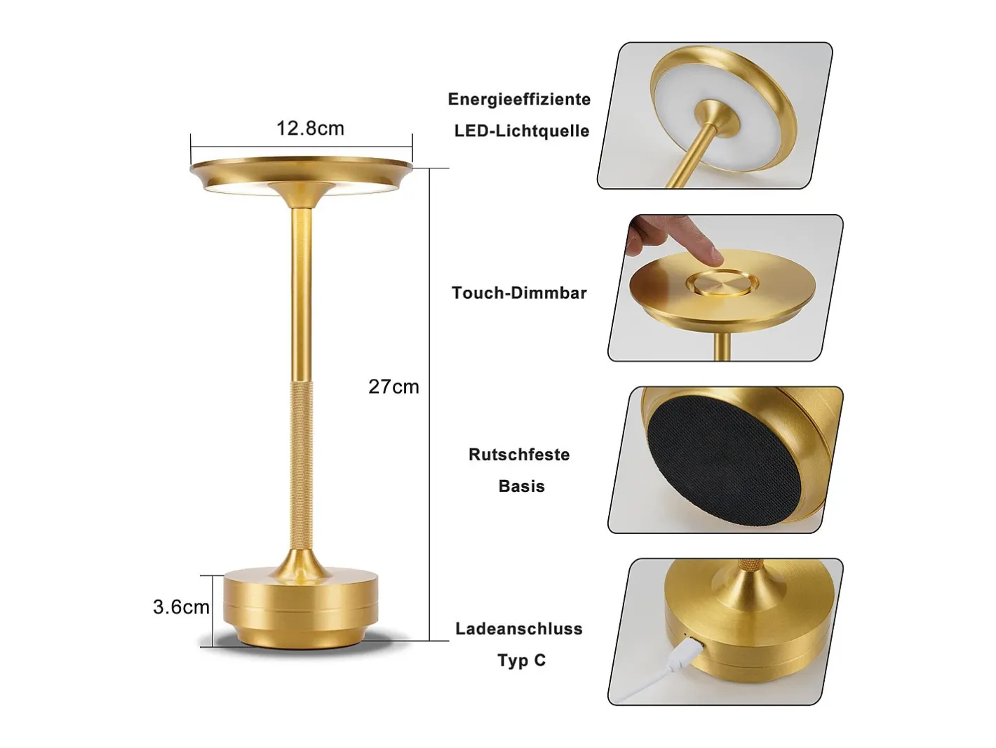 New NETTLIFE Lámpara de noche, lámpara de mesa inalámbrica, batería - Lámpara de mesa LED táctil regulable con batería recargable por USB Dorado