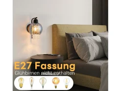NETTLIFE Lámpara de pared de vidrio gris ahumado con bola de cristal E27 para dormitorio, lámpara de interior moderna para pasillo Negro