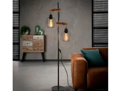 NETTLIFE Lámpara de pie de salón vintage, en madera con 2 llamas en diseño industrial de metal interruptor negro E27 - altura: 151 cm - sin bombilla Marru00f3n New