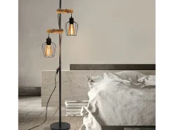 NETTLIFE Lámpara de pie de salón vintage, en madera con 2 llamas en diseño industrial de metal interruptor negro E27 - altura: 151 cm - sin bombilla Marru00f3n New
