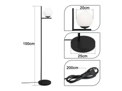 NETTLIFE Lámpara De Pie-Lámpara de Pie Industrial - Moderna Negra con Interruptor de Pie Diseño de Metal Lámpara de Pie de Vidrio E27 Vintage Cable de 2M Blanco