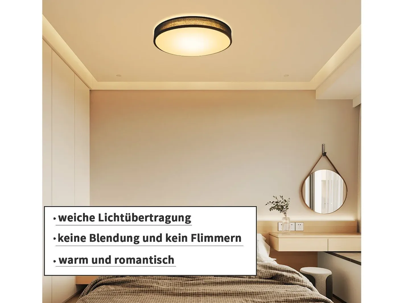 New NETTLIFE Lámpara de Techo LED 3000K, 12W, 30CM Lámpara Redonda Negra Moderna para Blanca cálida con Pantalla de Tela Luz de Techo para Dormitorio Negro