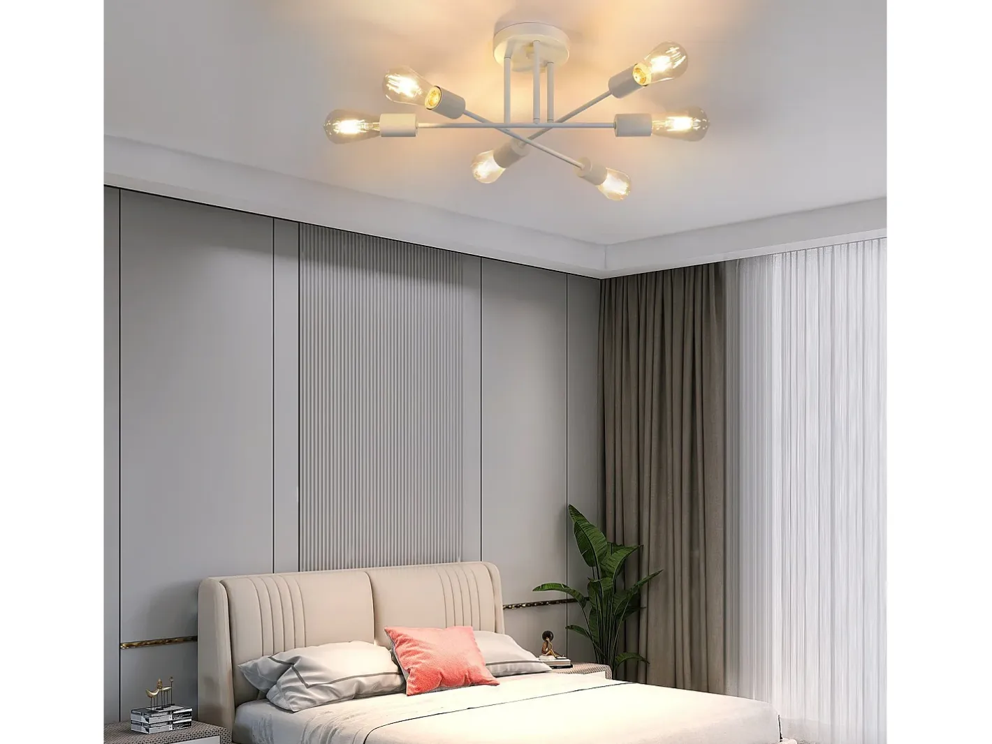 NETTLIFE Lámpara de techo E27, lámpara retro con 6 bombillas, abanico , estilo industrial y rústico, iluminación para la sala de estar, máximo 25 vatios. Blanco