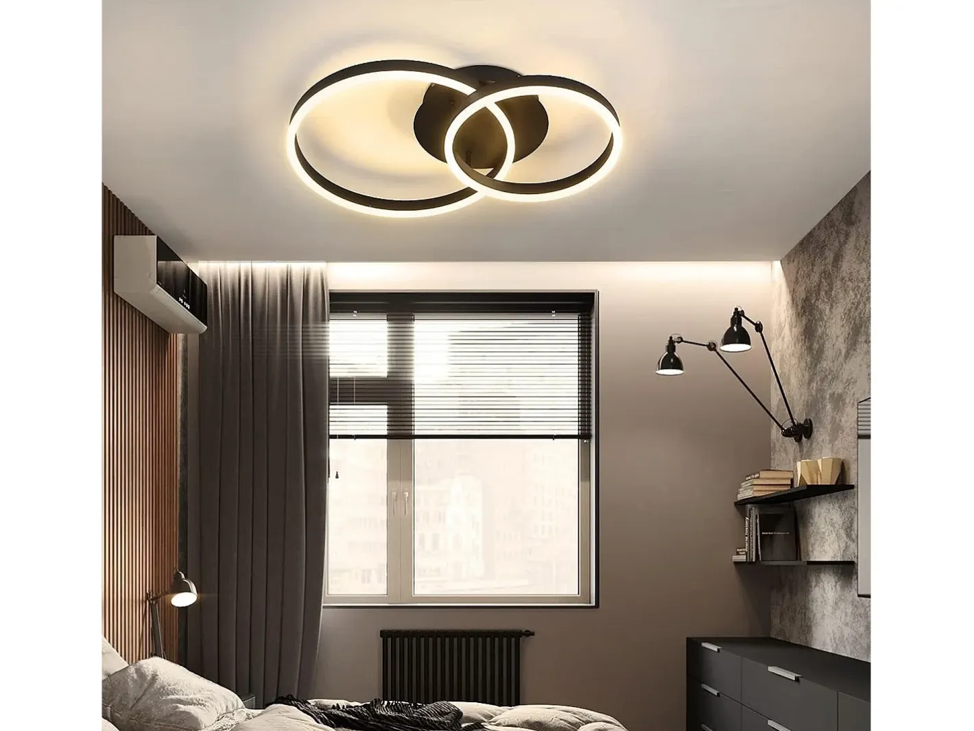 NETTLIFE Plafón-, lámpara de techo LED regulable, iluminación de techo para el salón, lámpara para el dormitorio 46W, 2 anillos Negro
