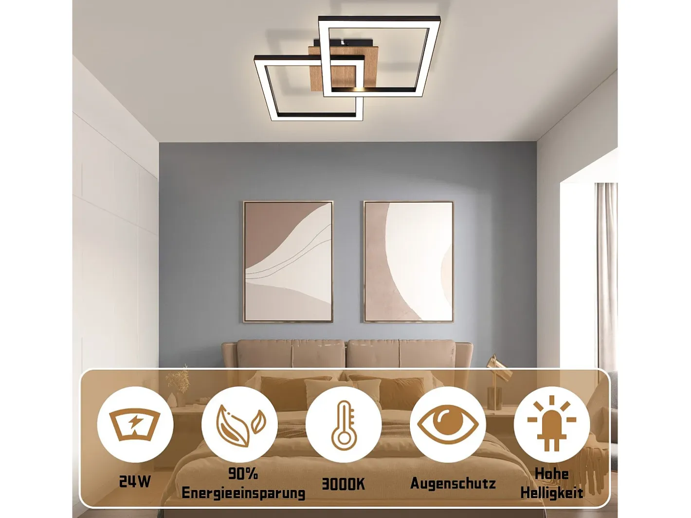 NETTLIFE Plafón-Lámpara de techo LED negra de madera, 3000K, luz blanca cálida, diseño moderno, 24W Negro