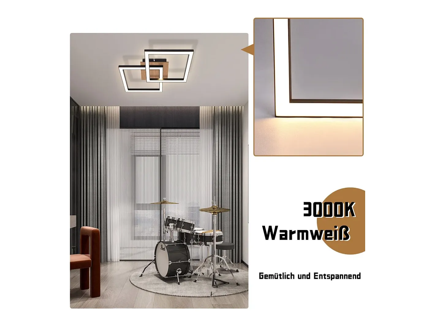 NETTLIFE Plafón-Lámpara de techo LED negra de madera, 3000K, luz blanca cálida, diseño moderno, 24W Negro