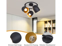 NETTLIFE Lámpara de techo E14 dorado vintage foco de techo orientable sin bombilla 350° orientable Negro Online