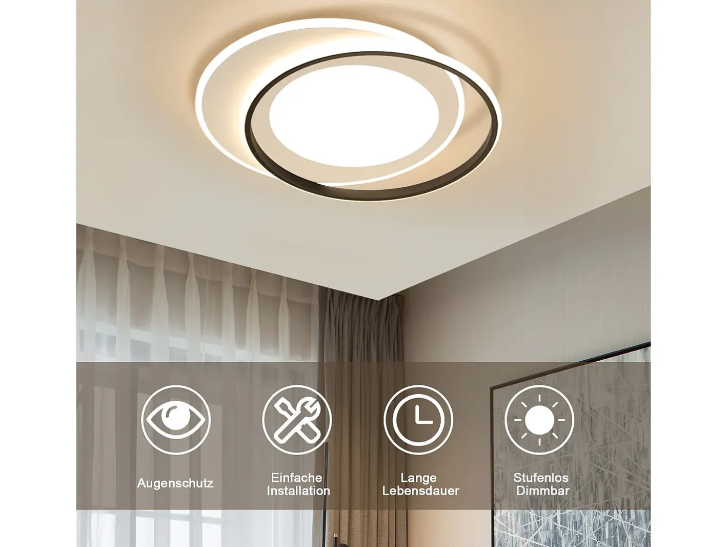 NETTLIFE Plafón-Lámpara de Techo LED Blanco Redondo 66W Moderno 48,5 cm Regulable con Control Remoto Lámpara de Salón para Dormitorio Cocina Pasillo Negro