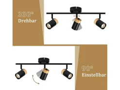 NETTLIFE Lámpara de techo con 3 focos de madera GU10 s, orientable 330° para salón, dormitorio, cocina, habitación infantil sin bombilla Negro Sale