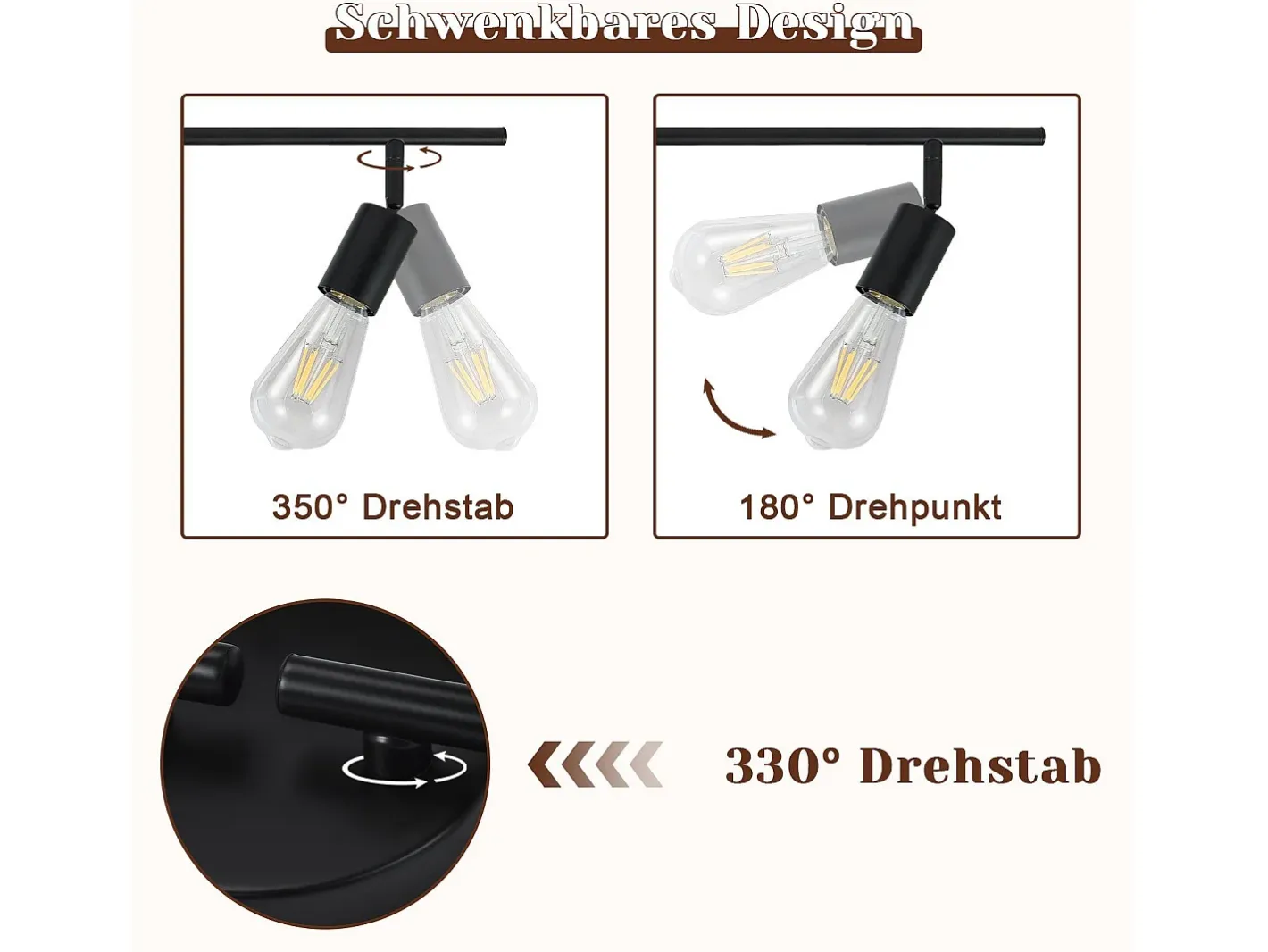 NETTLIFE Lámpara de Techo Foco de Techo E27 Lámpara de Industrial Giratoria de Vintage de 350 ° para Sala de Estar Dormitorio (Sin Bombilla) Negro Hot