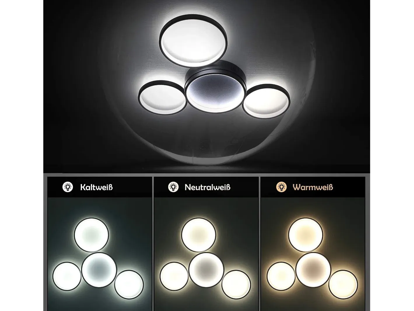 NETTLIFE Lámpara de Techo LED Negra Regulable con Mando a Distancia Diseño Moderno 4 Anillos 52W Interior Aluminio Comedor Dormitorio Infantil Negro Best