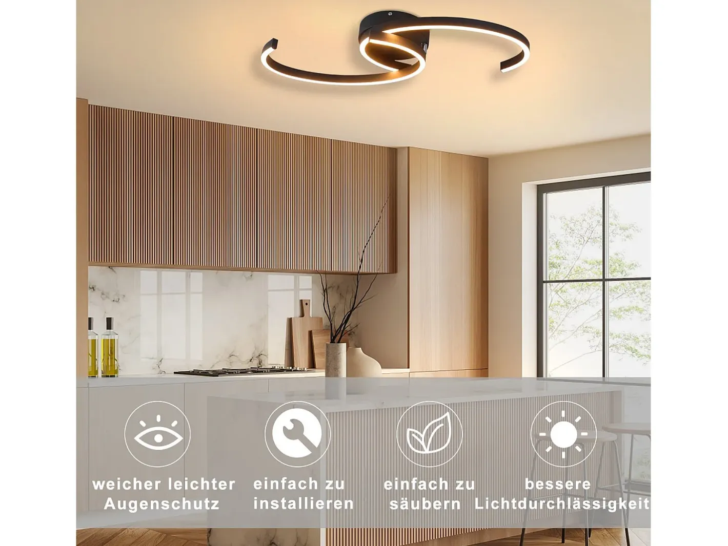 NETTLIFE Plafón-Lámpara de Techo LED Moderna 60 cm 24 W Blanco Cálido Lámpara de Salón para Dormitorio Cocina Pasillo Comedor Negro