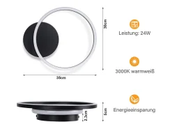 NETTLIFE Lámpara de techo LED para sala de estar, 24 W, color , moderna, 2 anillos, 3000 K, blanco cálido Negro