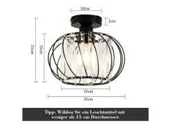 NETTLIFE Lámpara de techo moderna de cristal: Lámpara de pasillo negra E27 Lámpara de cocina vintage con marco de metal en el interior Negro Best