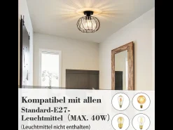 NETTLIFE Lámpara de techo moderna de cristal: Lámpara de pasillo negra E27 Lámpara de cocina vintage con marco de metal en el interior Negro Best