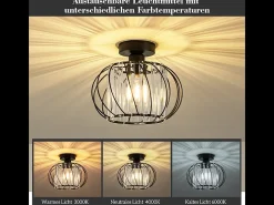 NETTLIFE Lámpara de techo moderna de cristal: Lámpara de pasillo negra E27 Lámpara de cocina vintage con marco de metal en el interior Negro Best