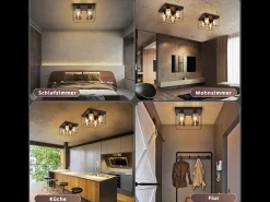 Outlet NETTLIFE Lámpara de techo para salón, cristal, 4 bombillas, E27, estilo industrial vintage, metal, , retro Negro