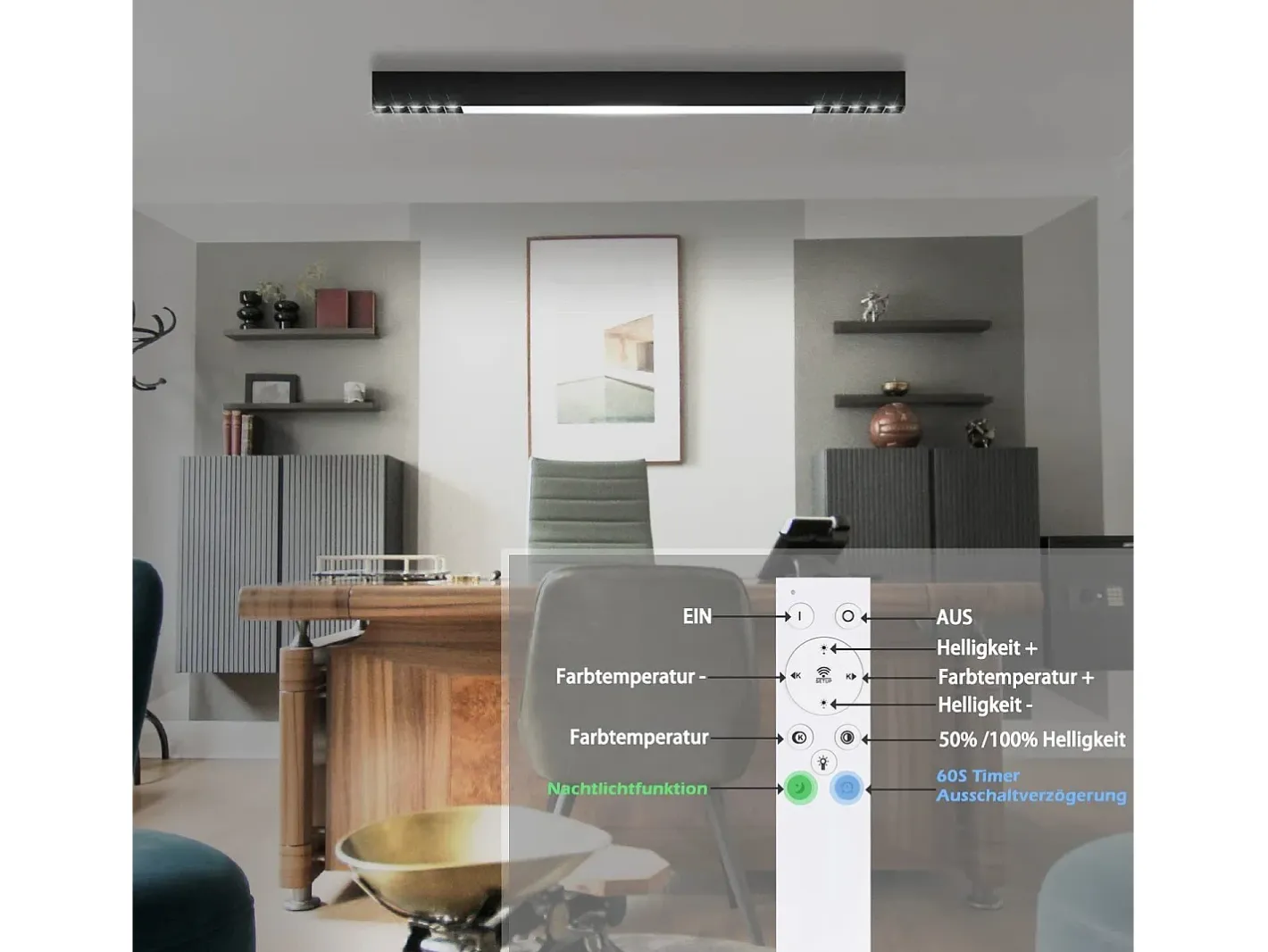 NETTLIFE Lámpara de Techo LED Negra Lámpara de Sala de Estar Regulable Moderna de 25 W de Largo con Control Remoto de 80 CM para Dormitorio de Oficina Negro New