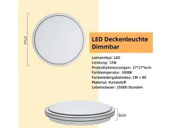 NETTLIFE Plafón-Lámpara de Techo LED Dormitorio - Diámetro 27 cm Lámpara de Cielo Estrellado Lámpara Blanca cálida de 12 W Lámpara Redonda Moderna para Blanco
