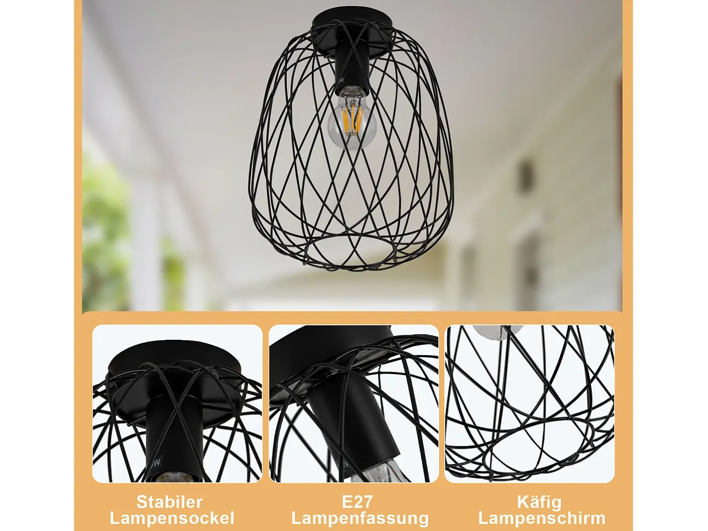 NETTLIFE Lámpara de techo negra vintage industrial retro para pasillo E27, 1 bombilla, redonda, de metal Negro Best