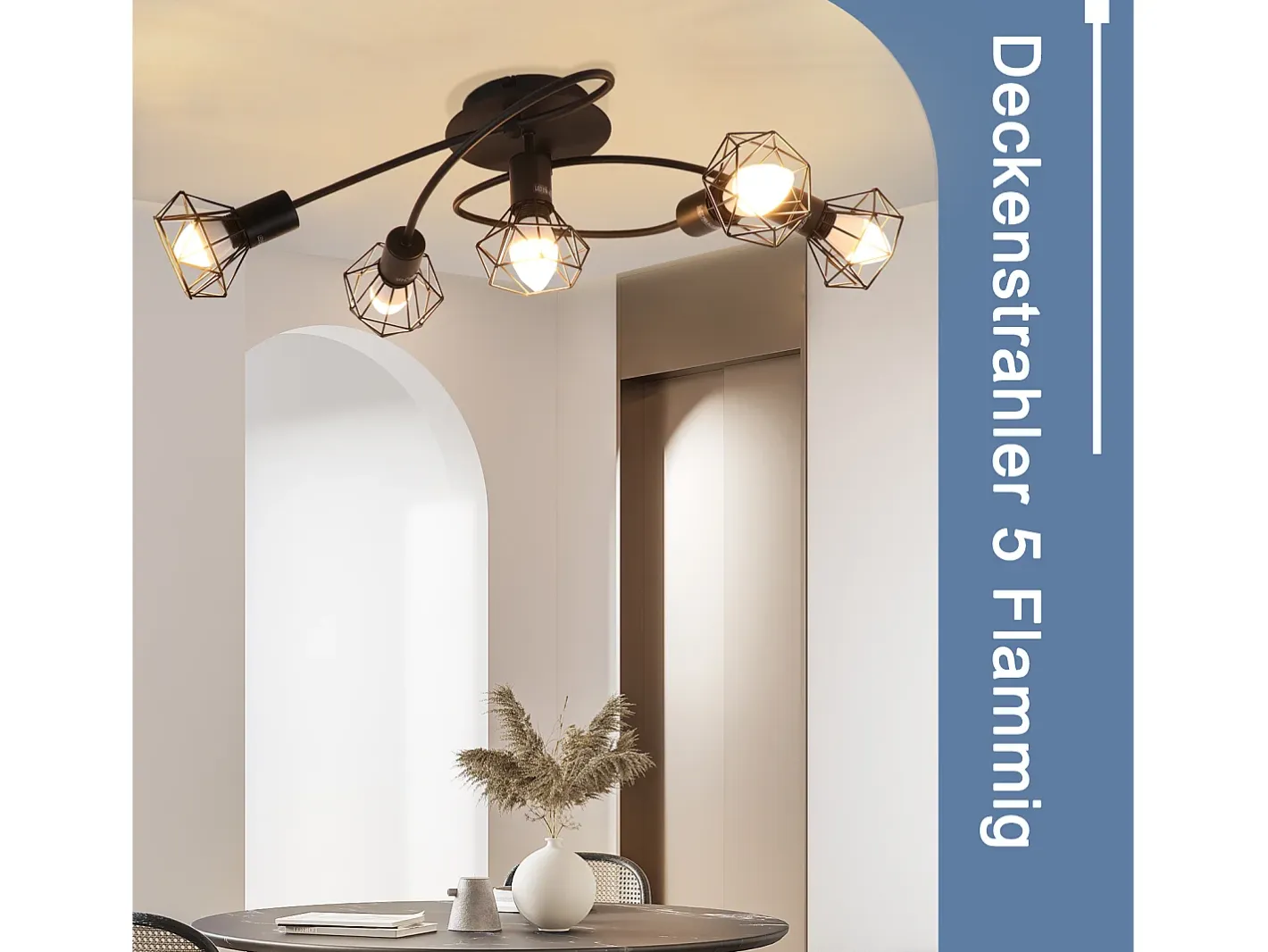 NETTLIFE Plafón-Lámpara de techo LED E14 negra, 5 bombillas, industrial, ajustable, 350°, retro, vintage, foco Negro