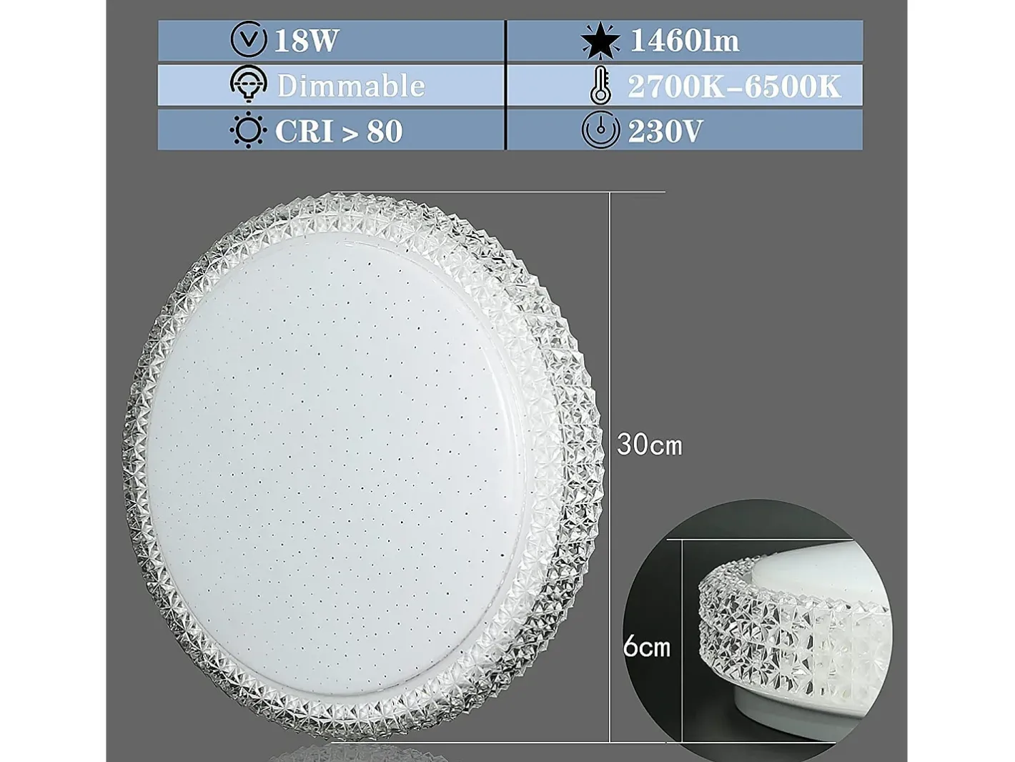 NETTLIFE Lámpara de Techo LED con Control Remoto Regulable 18W, Diámetro 30cm, Cielo Estrellado de Cristal Moderno, Adecuada para Dormitorio, Blanco Best