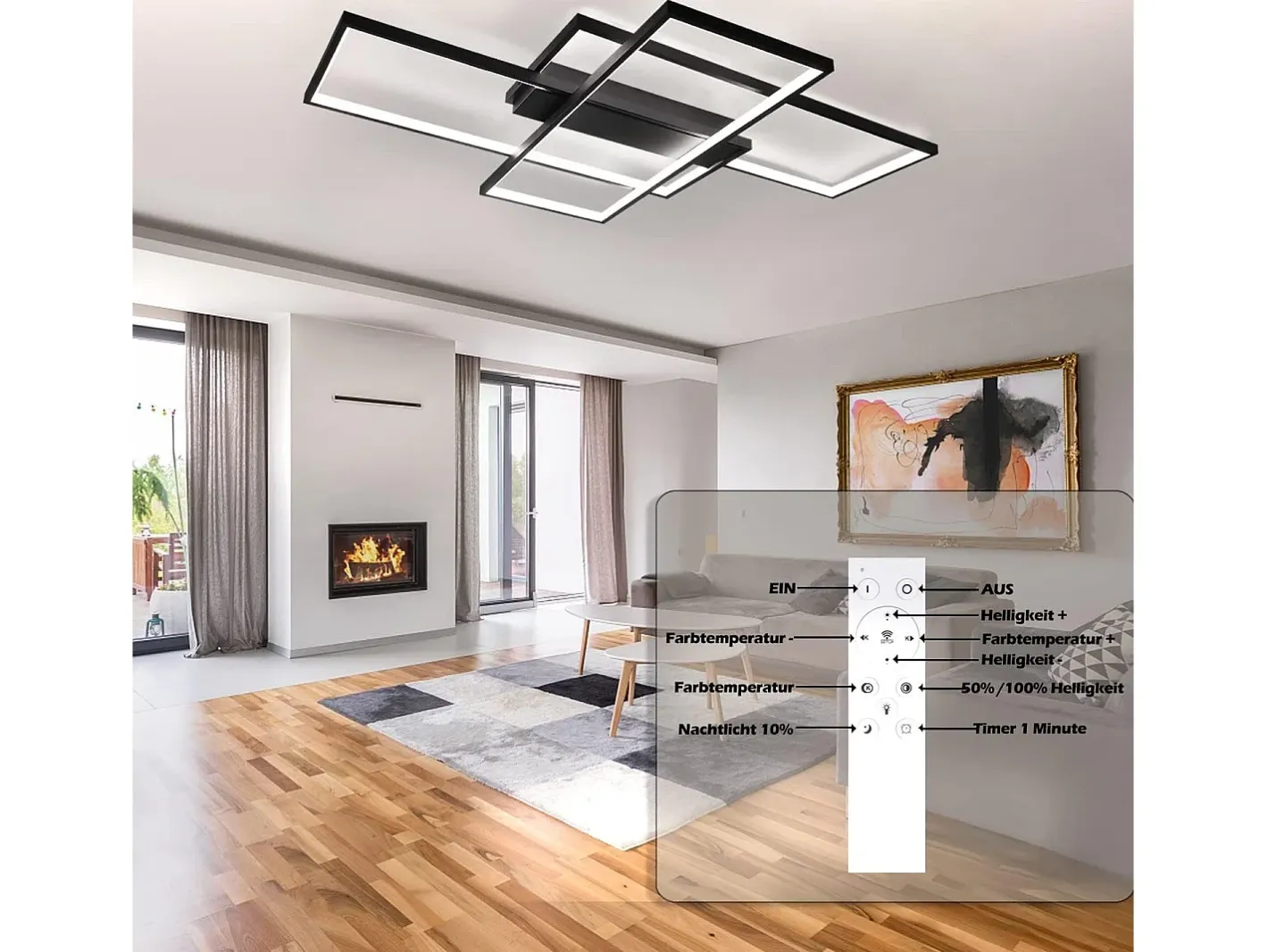 NETTLIFE Plafón-Lámpara techo ajustable 100x70x8cm, 3 LED negras cuadradas, Control remoto, Iluminación acrílica 88W Negro