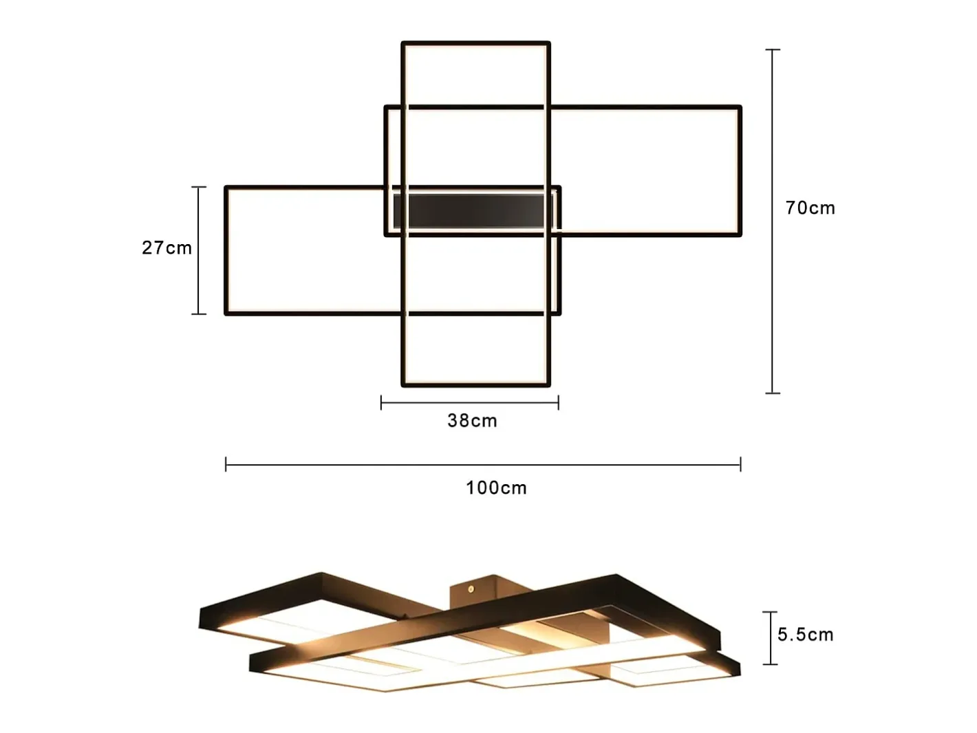 NETTLIFE Plafón-Lámpara techo ajustable 100x70x8cm, 3 LED negras cuadradas, Control remoto, Iluminación acrílica 88W Negro