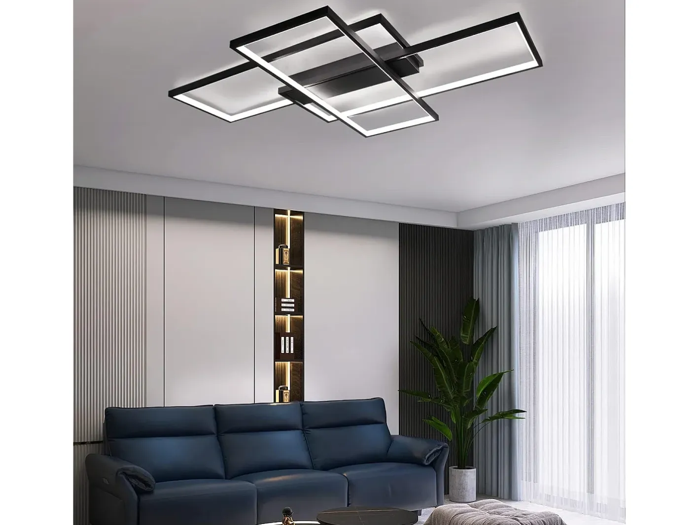 NETTLIFE Plafón-Lámpara techo ajustable 100x70x8cm, 3 LED negras cuadradas, Control remoto, Iluminación acrílica 88W Negro