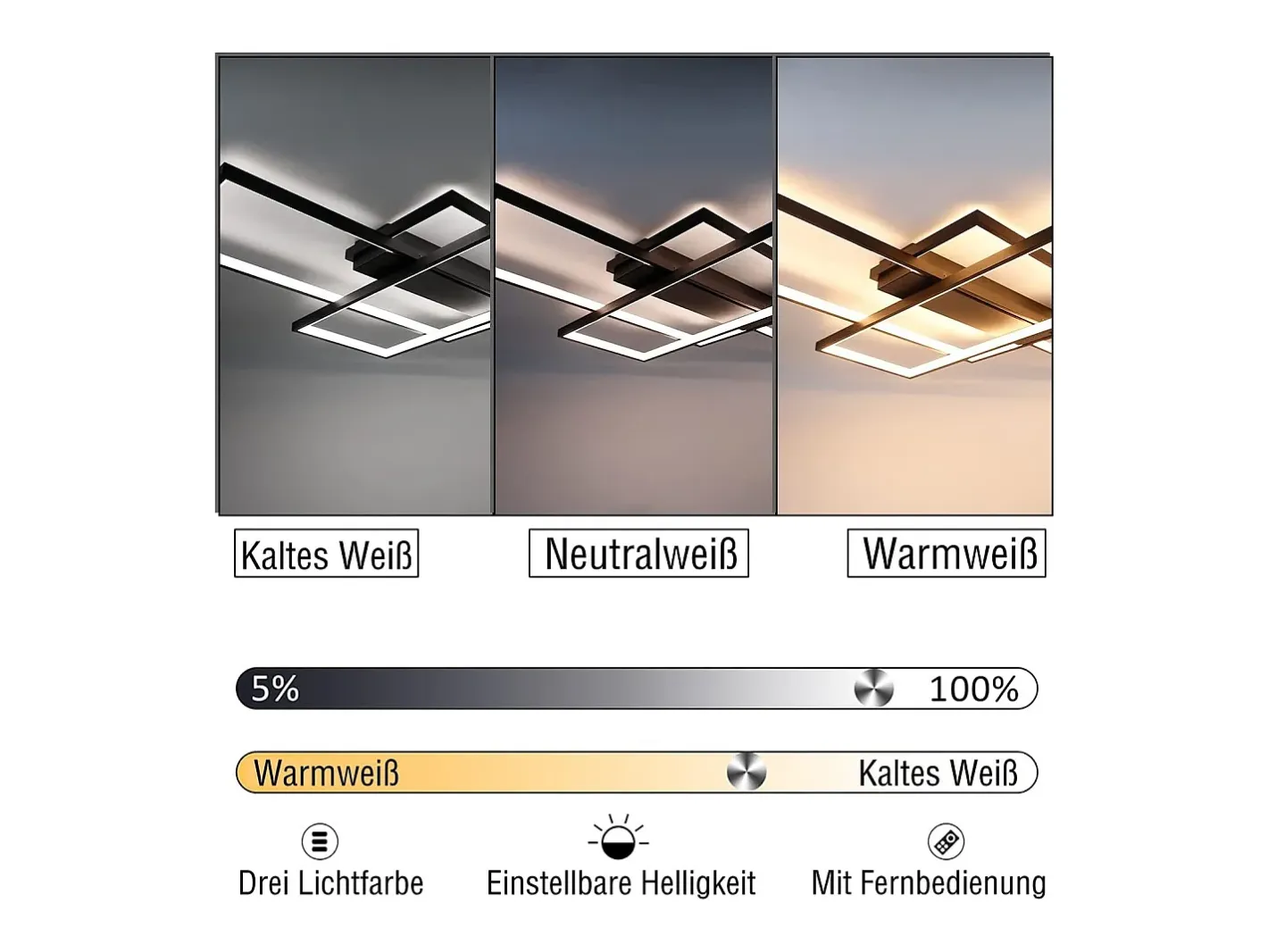 NETTLIFE Plafón-Lámpara techo ajustable 100x70x8cm, 3 LED negras cuadradas, Control remoto, Iluminación acrílica 88W Negro