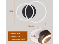 NETTLIFE Luces LED de techo, lámpara de techo de 24W, diseño moderno redondo, blanco cálido 3000K, , 2 anillos. Negro