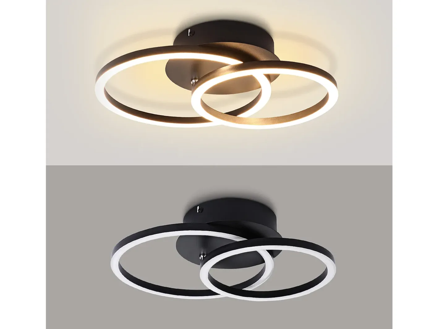 NETTLIFE Luces LED de techo, lámpara de techo de 24W, diseño moderno redondo, blanco cálido 3000K, , 2 anillos. Negro