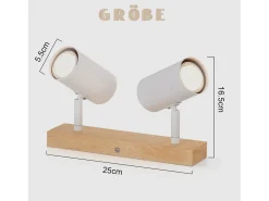 NETTLIFE Plafón-Luz de techo con 2 bombillas de madera GU10, blanca, lámpara de pasillo interior moderna, con un ángulo de 350° para salón y dormitorio. Marru00f3n