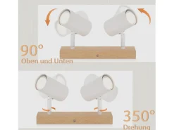 NETTLIFE Plafón-Luz de techo con 2 bombillas de madera GU10, blanca, lámpara de pasillo interior moderna, con un ángulo de 350° para salón y dormitorio. Marru00f3n