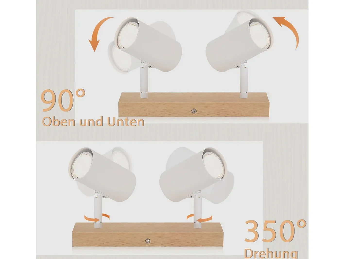 NETTLIFE Plafón-Luz de techo con 2 bombillas de madera GU10, blanca, lámpara de pasillo interior moderna, con un ángulo de 350° para salón y dormitorio. Marru00f3n