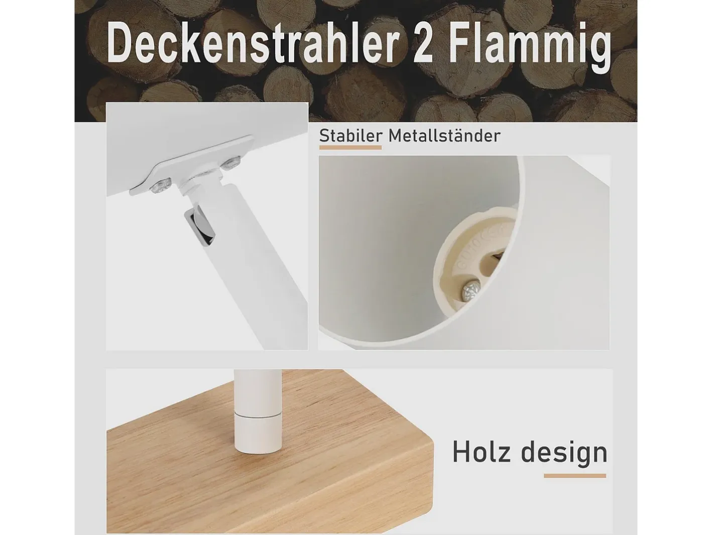 NETTLIFE Plafón-Luz de techo con 2 bombillas de madera GU10, blanca, lámpara de pasillo interior moderna, con un ángulo de 350° para salón y dormitorio. Marru00f3n