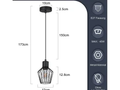 NETTLIFE Mesa de comedor suspendida, suspensión negra, soporte E27, 1 llama, metal. Negro Sale