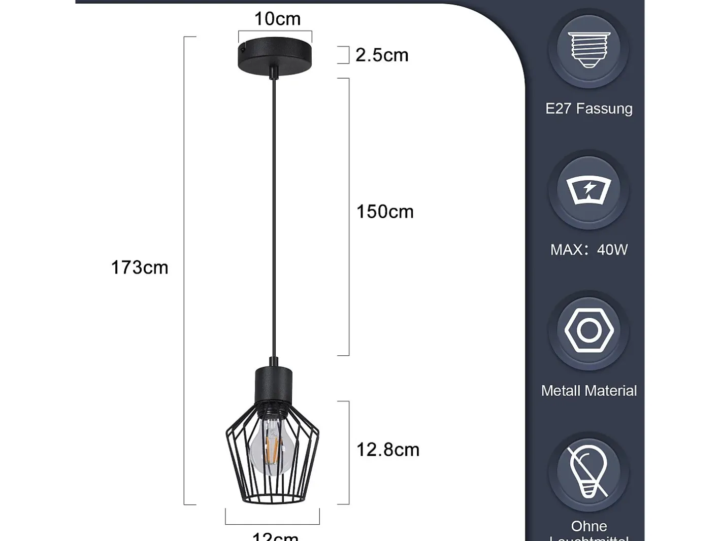 NETTLIFE Mesa de comedor suspendida, suspensión negra, soporte E27, 1 llama, metal. Negro Sale