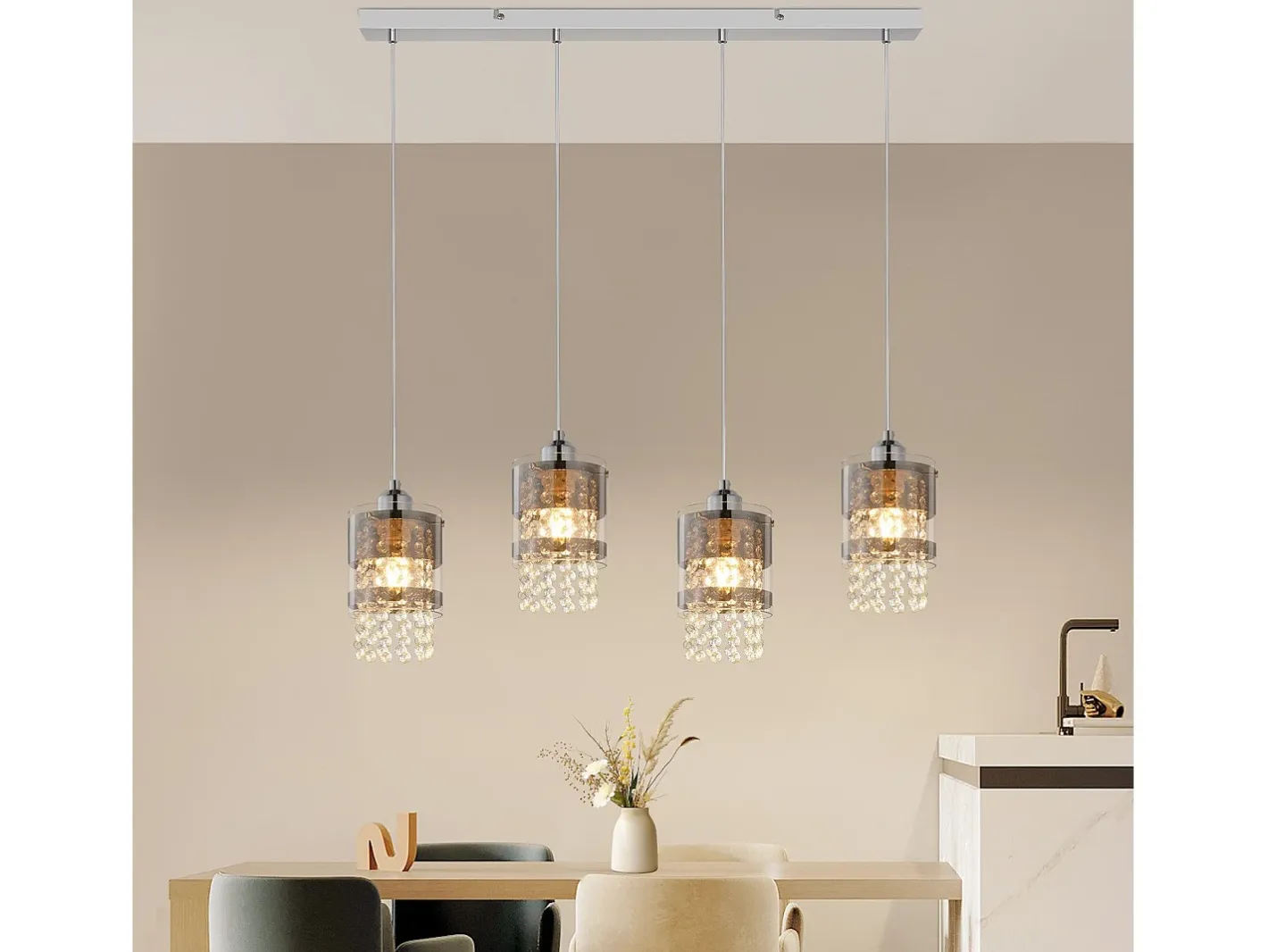 Discount NETTLIFE Mesa de comedor suspendida moderna de cristal, con 4 lámparas E27 suspendidas, 150 cm, altura regulable. Plateado