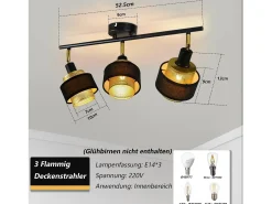 NETTLIFE Plafón-Plafón de 3 focos E14 vintage con llama retro dormitorio en metal dorado ajustable industrial para cocina Negro