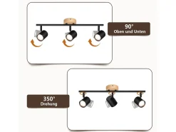 New NETTLIFE Plafón LED de 3 llama - Plafón GU10 Foco giratorio Aplique de madera Foco de pared para salón dormitorio Sin bombilla Negro