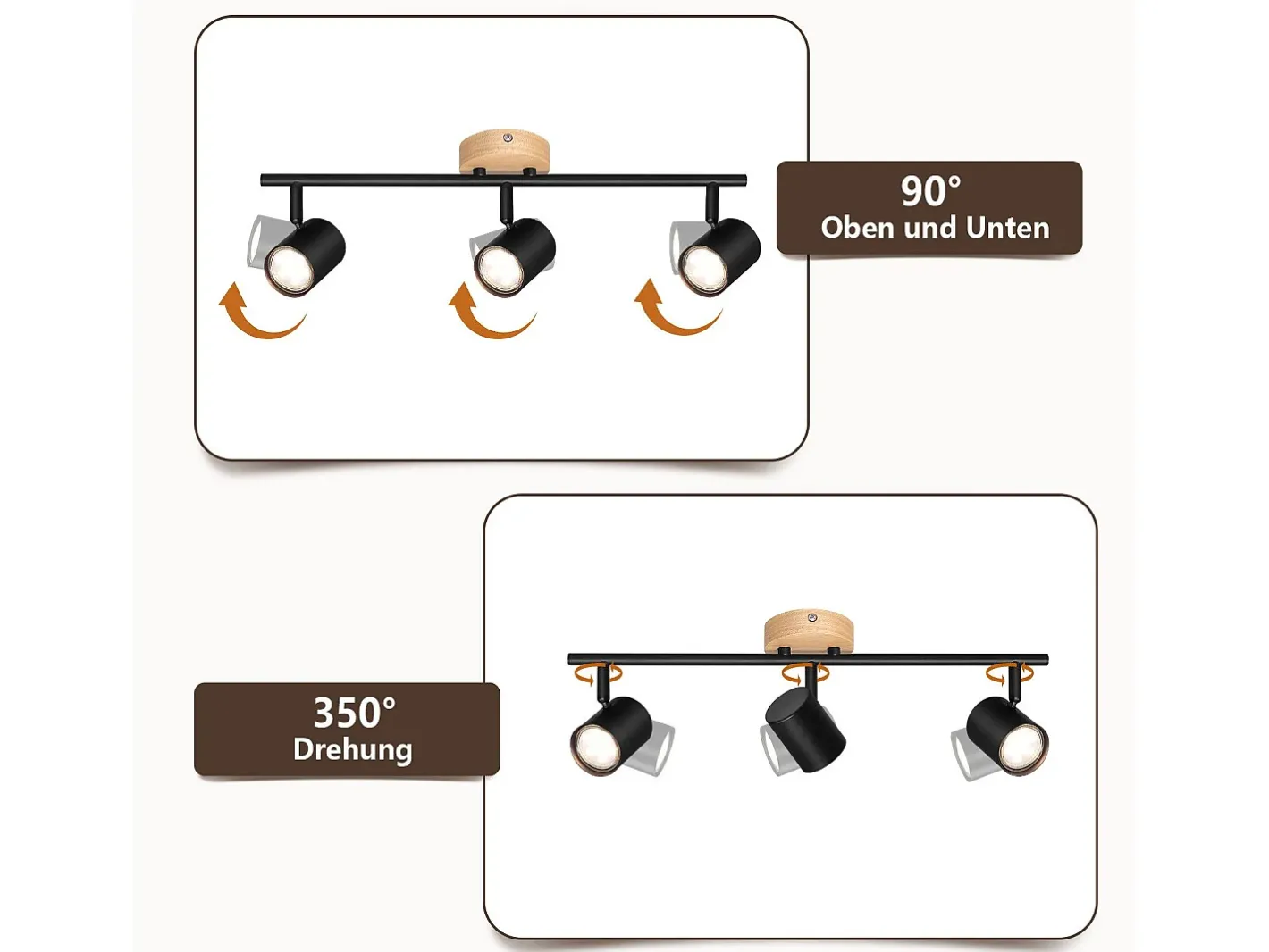 New NETTLIFE Plafón LED de 3 llama - Plafón GU10 Foco giratorio Aplique de madera Foco de pared para salón dormitorio Sin bombilla Negro