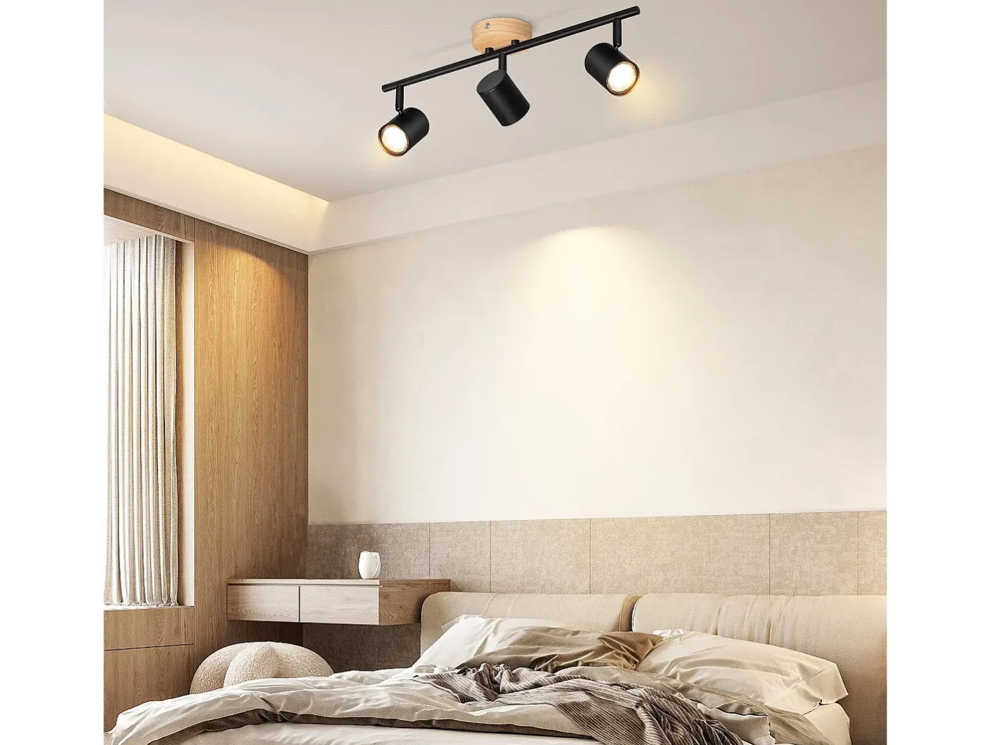 New NETTLIFE Plafón LED de 3 llama - Plafón GU10 Foco giratorio Aplique de madera Foco de pared para salón dormitorio Sin bombilla Negro