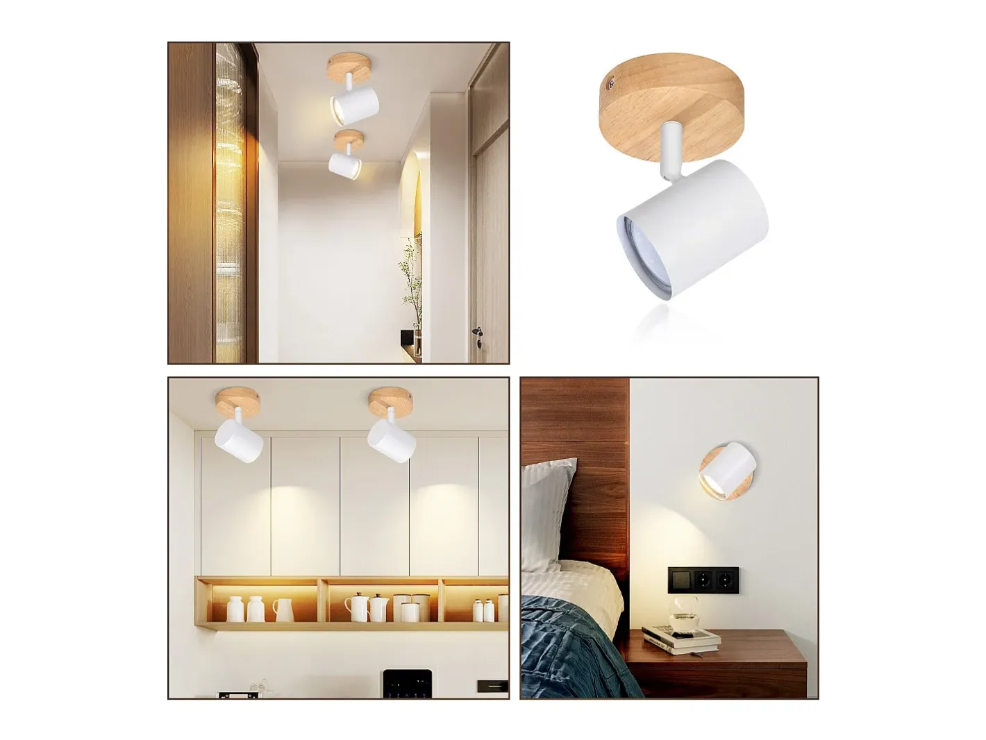 NETTLIFE Plafón-Plafón LED de 1 llama - Plafón GU10 Foco giratorio Aplique de madera Foco de pared para salón dormitorio MAX.40W Sin bombilla Blanco