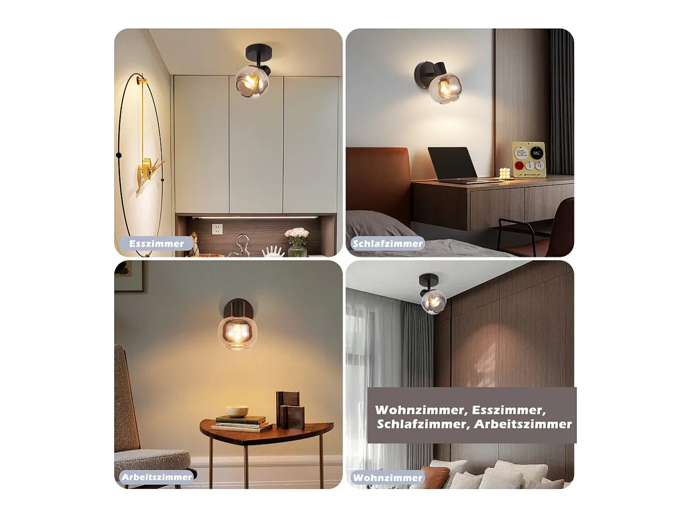 NETTLIFE Plafón para salón, plafón negro, 1 bombilla E14, plafón de vidrio retro, plafón vintage. Gris