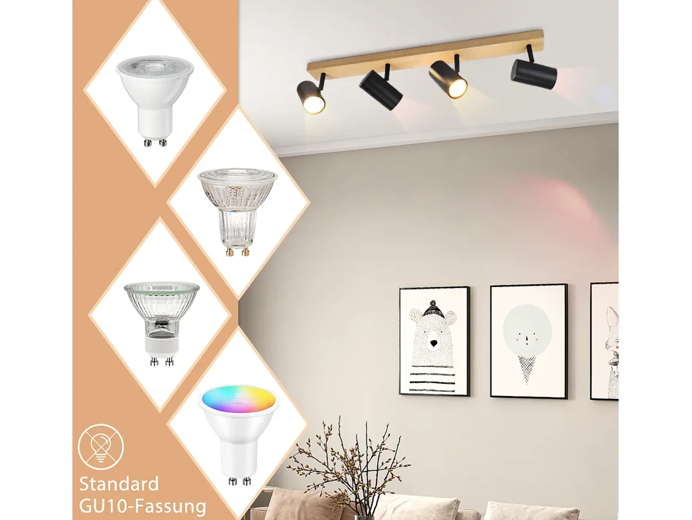 NETTLIFE Plafón-Plafocénter de techo con 4 llamas, lámpara de techo de madera negra, GU10 orientable 350°, de estilo vintage. Marru00f3n