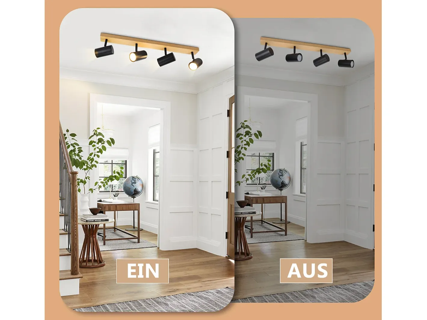 NETTLIFE Plafón-Plafocénter de techo con 4 llamas, lámpara de techo de madera negra, GU10 orientable 350°, de estilo vintage. Marru00f3n