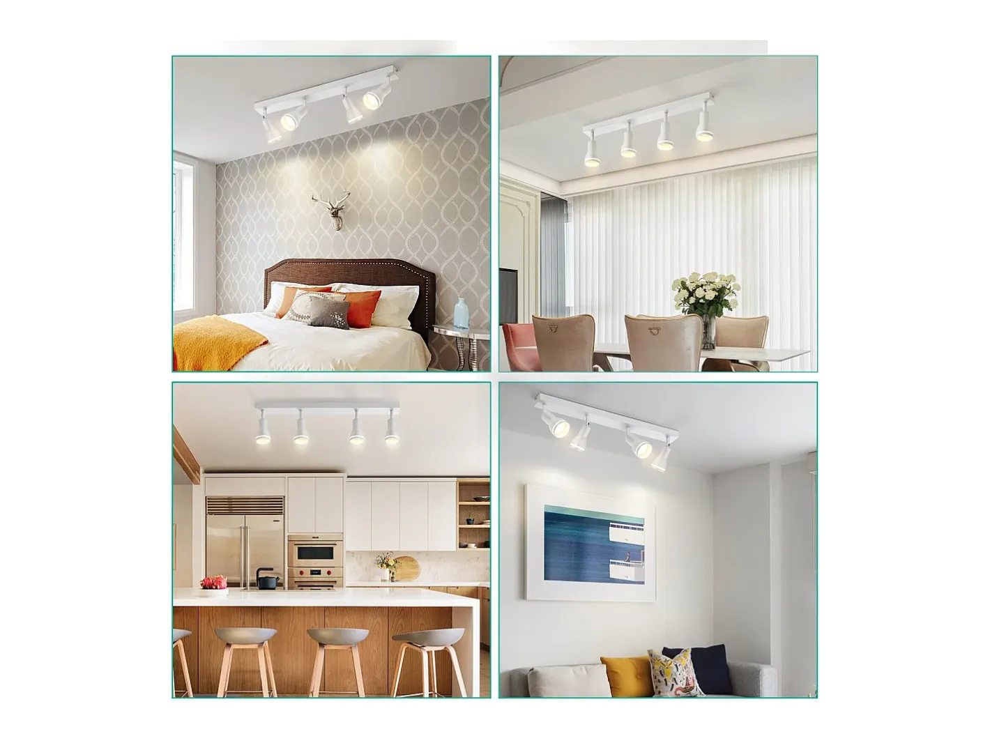 NETTLIFE Plafonario de 4 focos : Plafonario metálico con focos GU10 giratorios para interiores, para cocina, oficina, salón y dormitorio, sin bombillas. Blanco