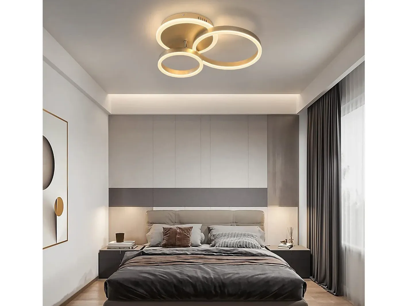 NETTLIFE Plafonario LED de intensidad variable, diseño en anillo, con mando a distancia moderno, 46W. Dorado
